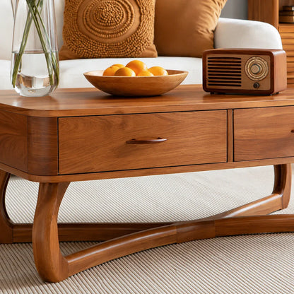 Mid-Century Modern Solid Wood Coffee Table with 2 Drawers | Walnut Living Room Center Table