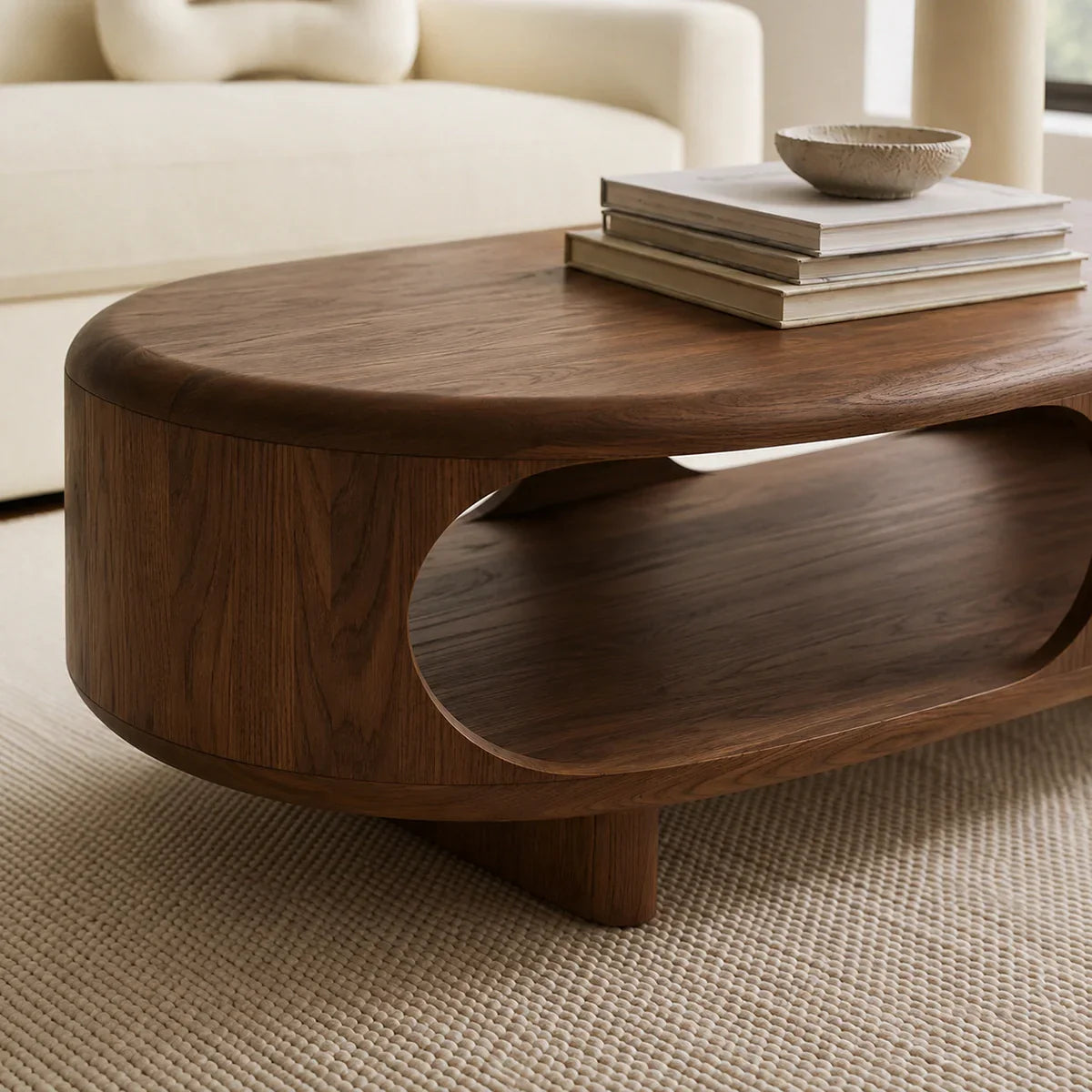 Modern Solid Walnut Wood Coffee Table with Open Storage Shelf | Minimalist Oval Living Room Center Table