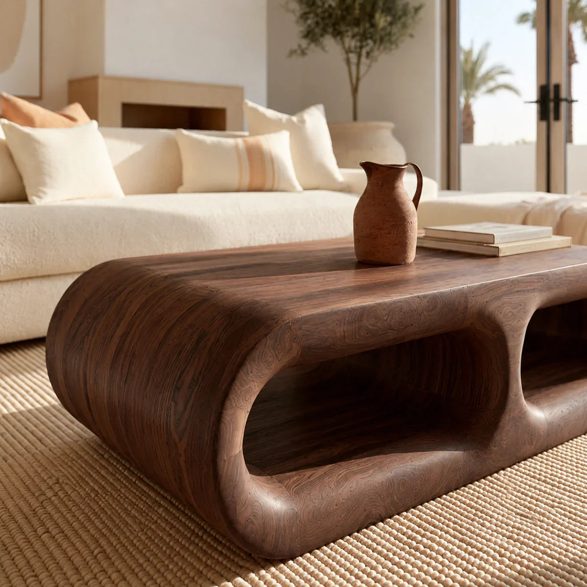 Modern Solid Walnut Coffee Table with Open Storage | Curved Minimalist Living Room Table