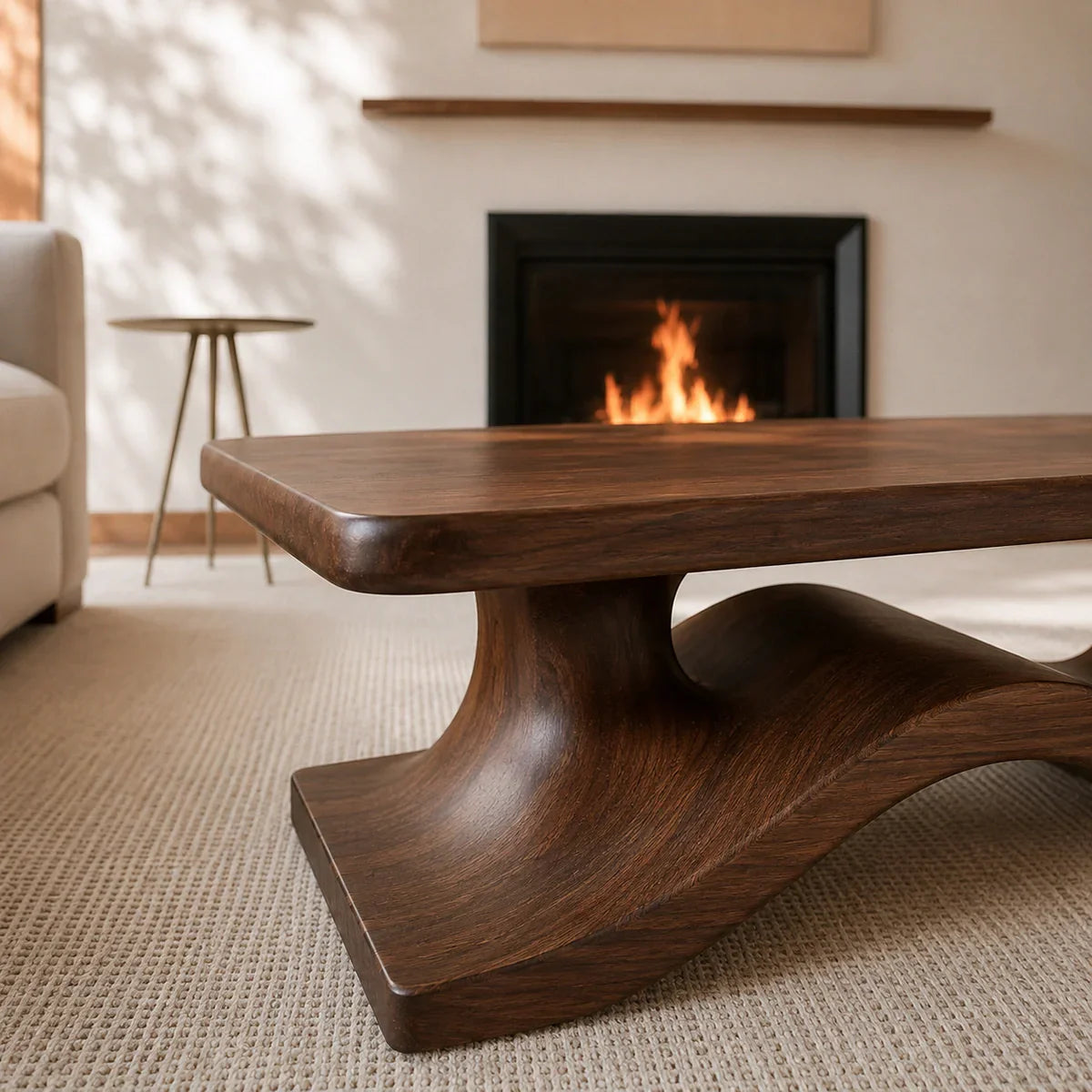 Modern Solid Walnut Coffee Table | Sculptural Wave Base Minimalist Living Room Table