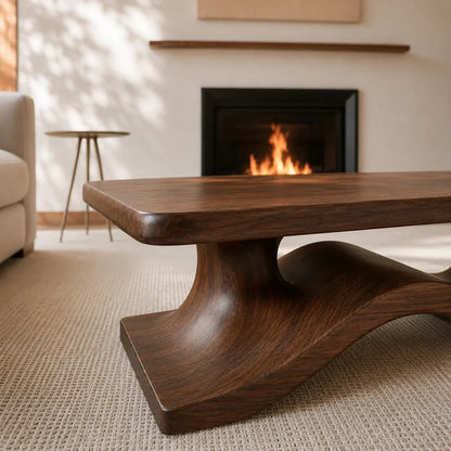 Modern Solid Walnut Coffee Table | Sculptural Wave Base Minimalist Living Room Table