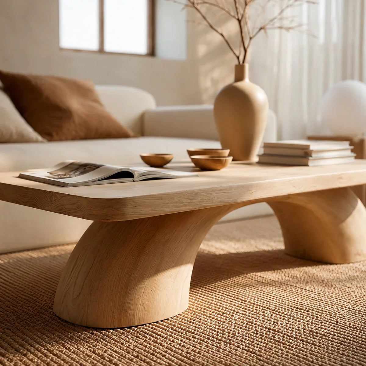 Modern Solid Oak Coffee Table | Sculptural Pedestal Base Minimalist Living Room Table