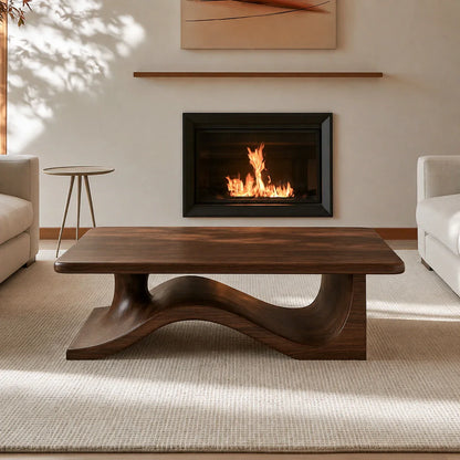 Modern Solid Walnut Coffee Table | Sculptural Wave Base Minimalist Living Room Table