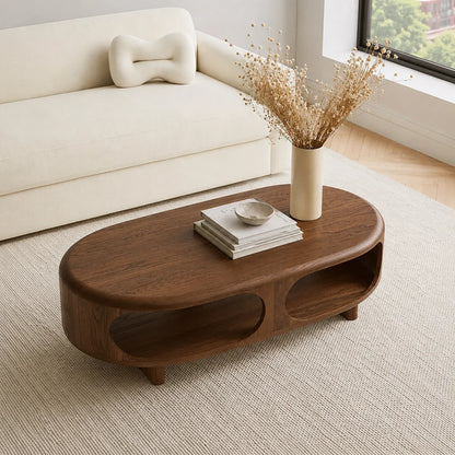 Modern Solid Walnut Wood Coffee Table with Open Storage Shelf | Minimalist Oval Living Room Center Table