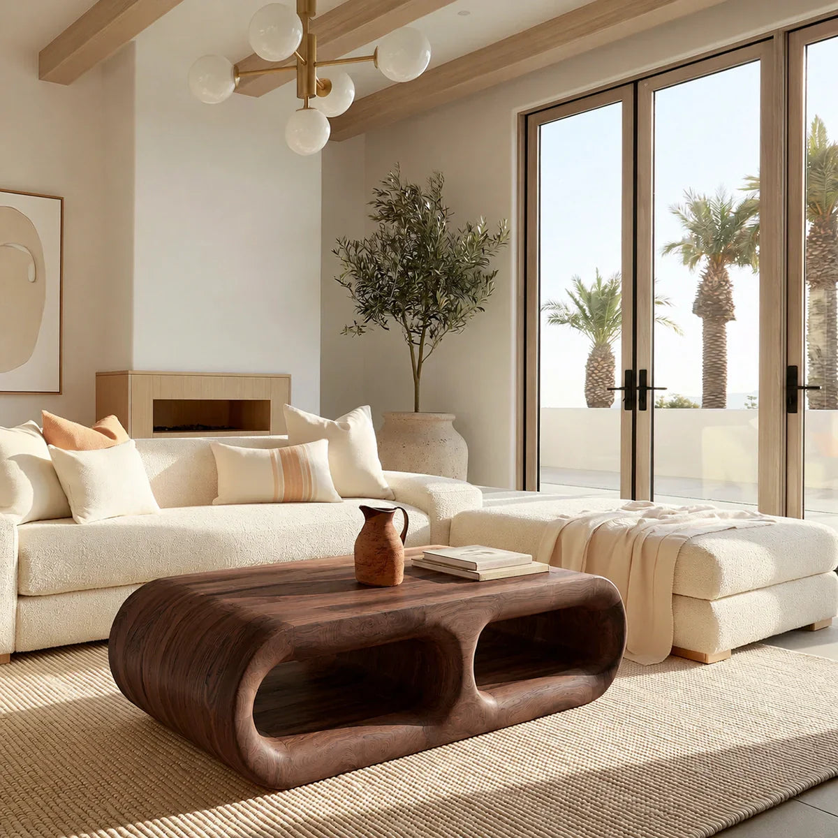 Modern Solid Walnut Coffee Table with Open Storage | Curved Minimalist Living Room Table