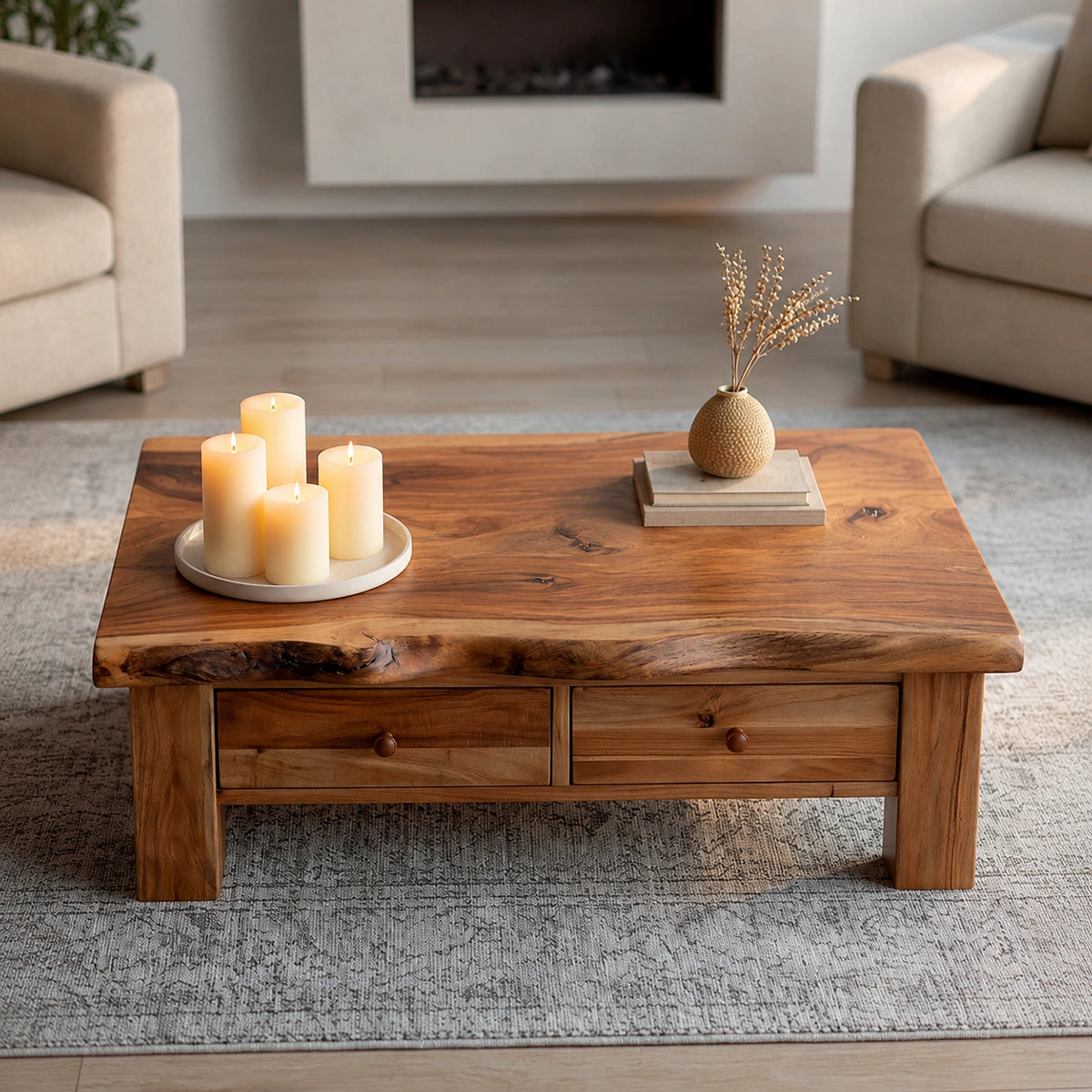 Modern Solid Wood Coffee Table with Storage Drawers | Rustic Farmhouse Center Table