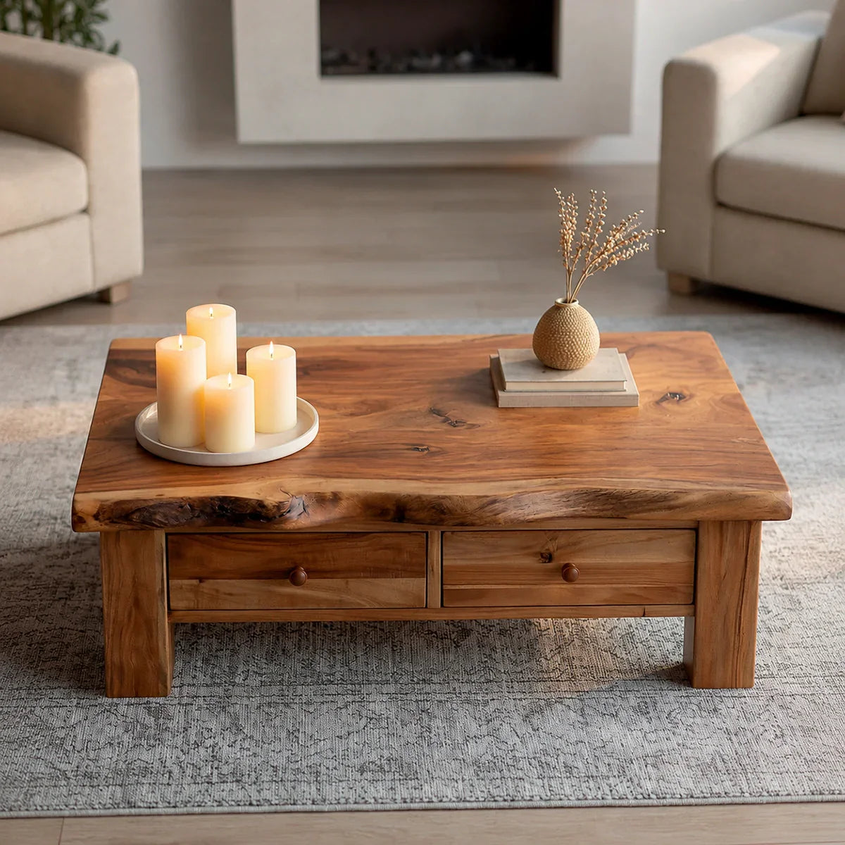 Modern Solid Wood Coffee Table with Storage Drawers | Rustic Farmhouse Center Table