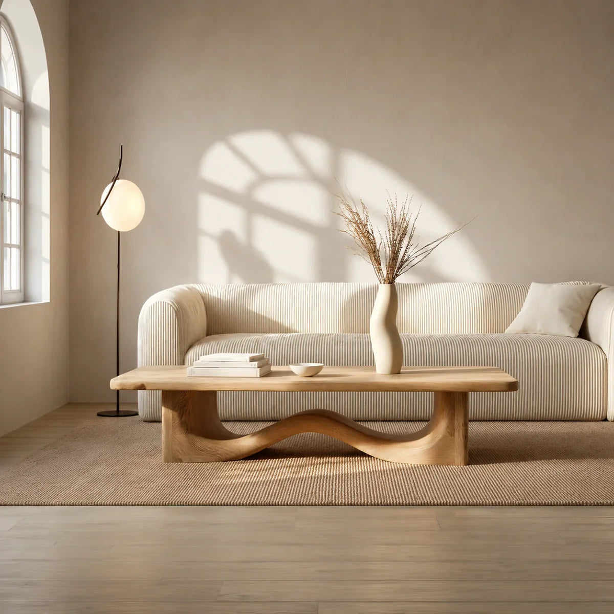 Modern Solid Oak Wood Coffee Table | Sculptural Wave Base Minimalist Living Room Table