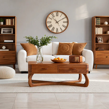 Mid-Century Modern Solid Wood Coffee Table with 2 Drawers | Walnut Living Room Center Table