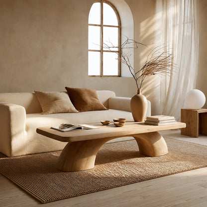 Modern Solid Oak Coffee Table | Sculptural Pedestal Base Minimalist Living Room Table