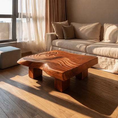Handcrafted Solid Walnut Coffee Table | Sculpted Wood Grain Modern Square Coffee Table