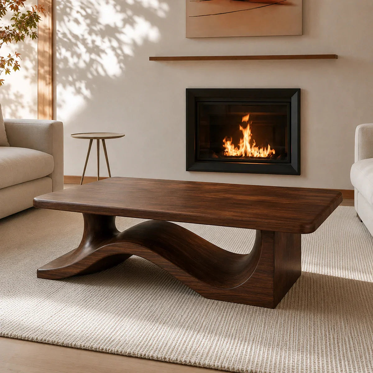 Modern Solid Walnut Coffee Table | Sculptural Wave Base Minimalist Living Room Table