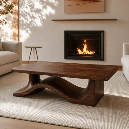 Modern Solid Walnut Coffee Table | Sculptural Wave Base Minimalist Living Room Table