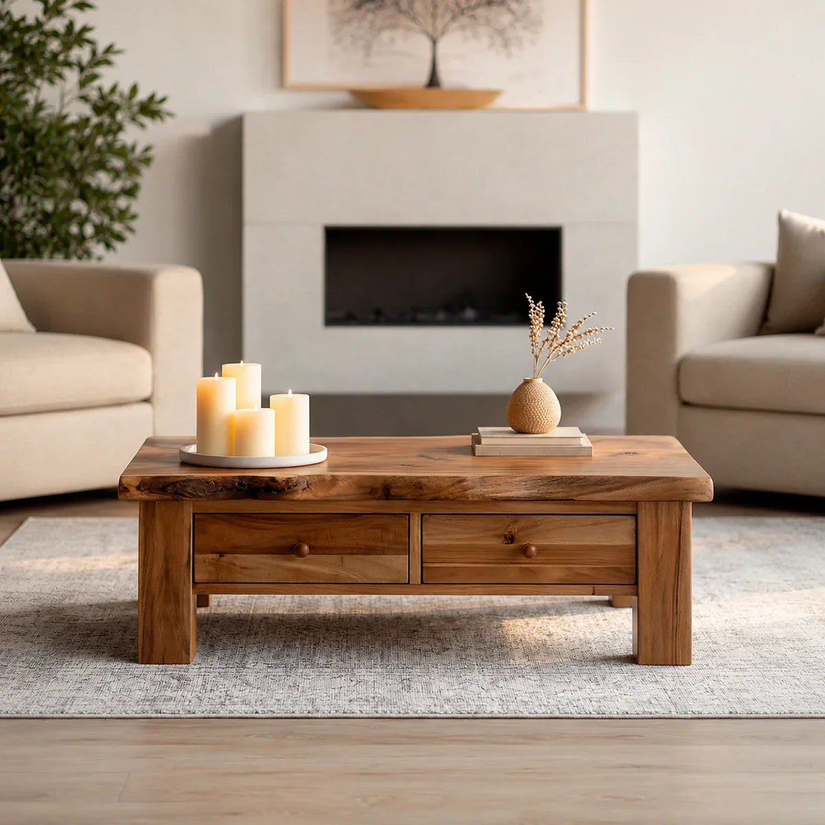Modern Solid Wood Coffee Table with Storage Drawers | Rustic Farmhouse Center Table