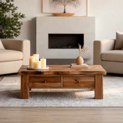 Modern Solid Wood Coffee Table with Storage Drawers | Rustic Farmhouse Center Table
