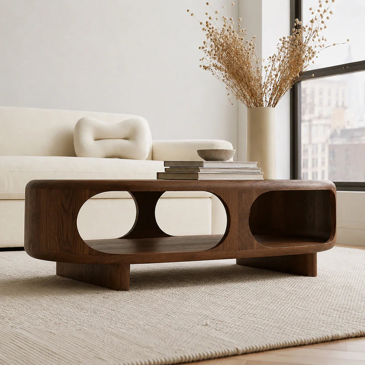 Modern Solid Walnut Wood Coffee Table with Open Storage Shelf | Minimalist Oval Living Room Center Table