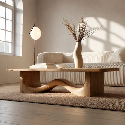 Modern Solid Oak Wood Coffee Table | Sculptural Wave Base Minimalist Living Room Table