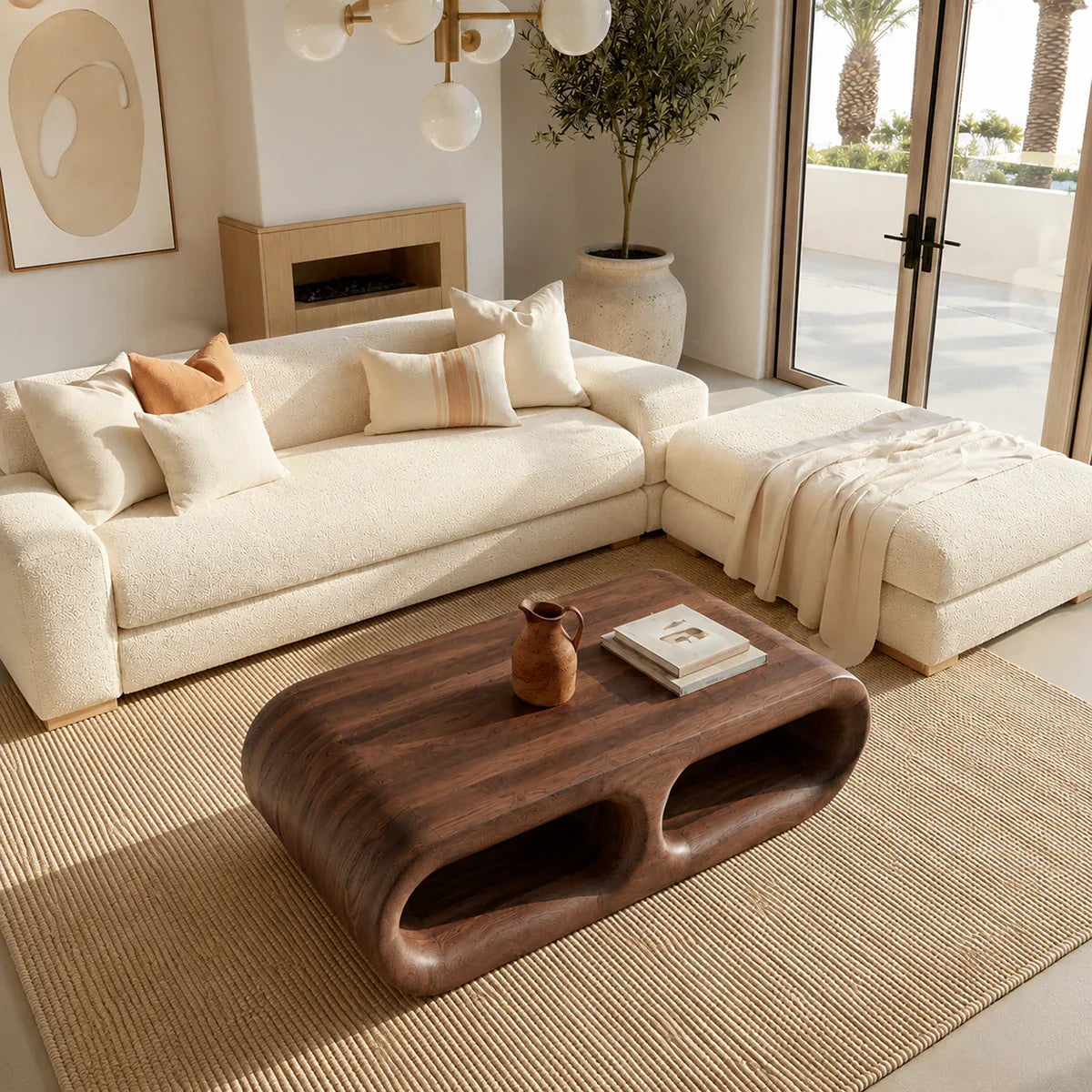 Modern Solid Walnut Coffee Table with Open Storage | Curved Minimalist Living Room Table