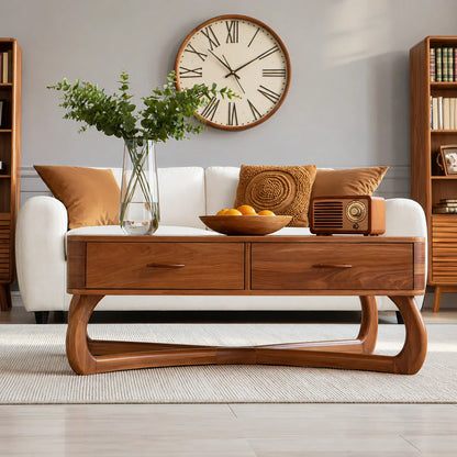 Mid-Century Modern Solid Wood Coffee Table with 2 Drawers | Walnut Living Room Center Table