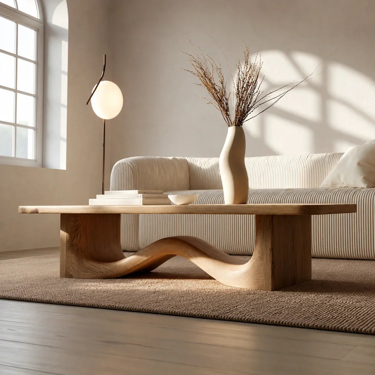 Modern Solid Oak Wood Coffee Table | Sculptural Wave Base Minimalist Living Room Table