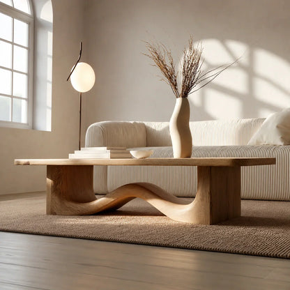 Modern Solid Oak Wood Coffee Table | Sculptural Wave Base Minimalist Living Room Table