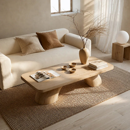 Modern Solid Oak Coffee Table | Sculptural Pedestal Base Minimalist Living Room Table