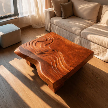 Handcrafted Solid Walnut Coffee Table | Sculpted Wood Grain Modern Square Coffee Table
