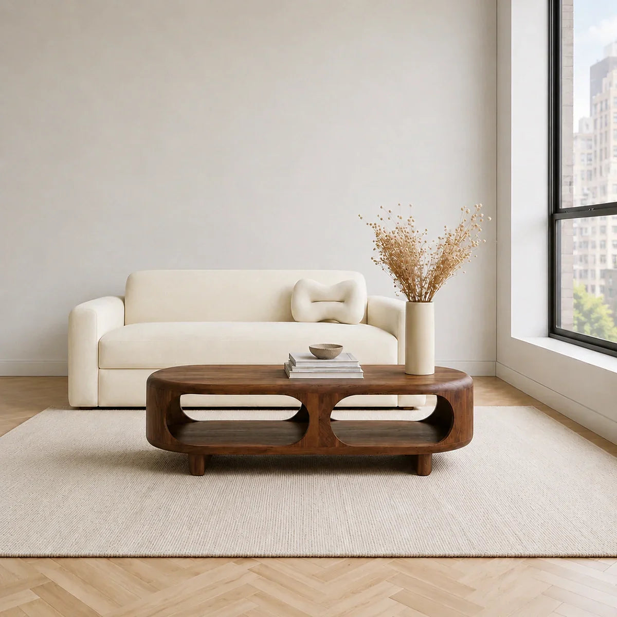 Modern Solid Walnut Wood Coffee Table with Open Storage Shelf | Minimalist Oval Living Room Center Table