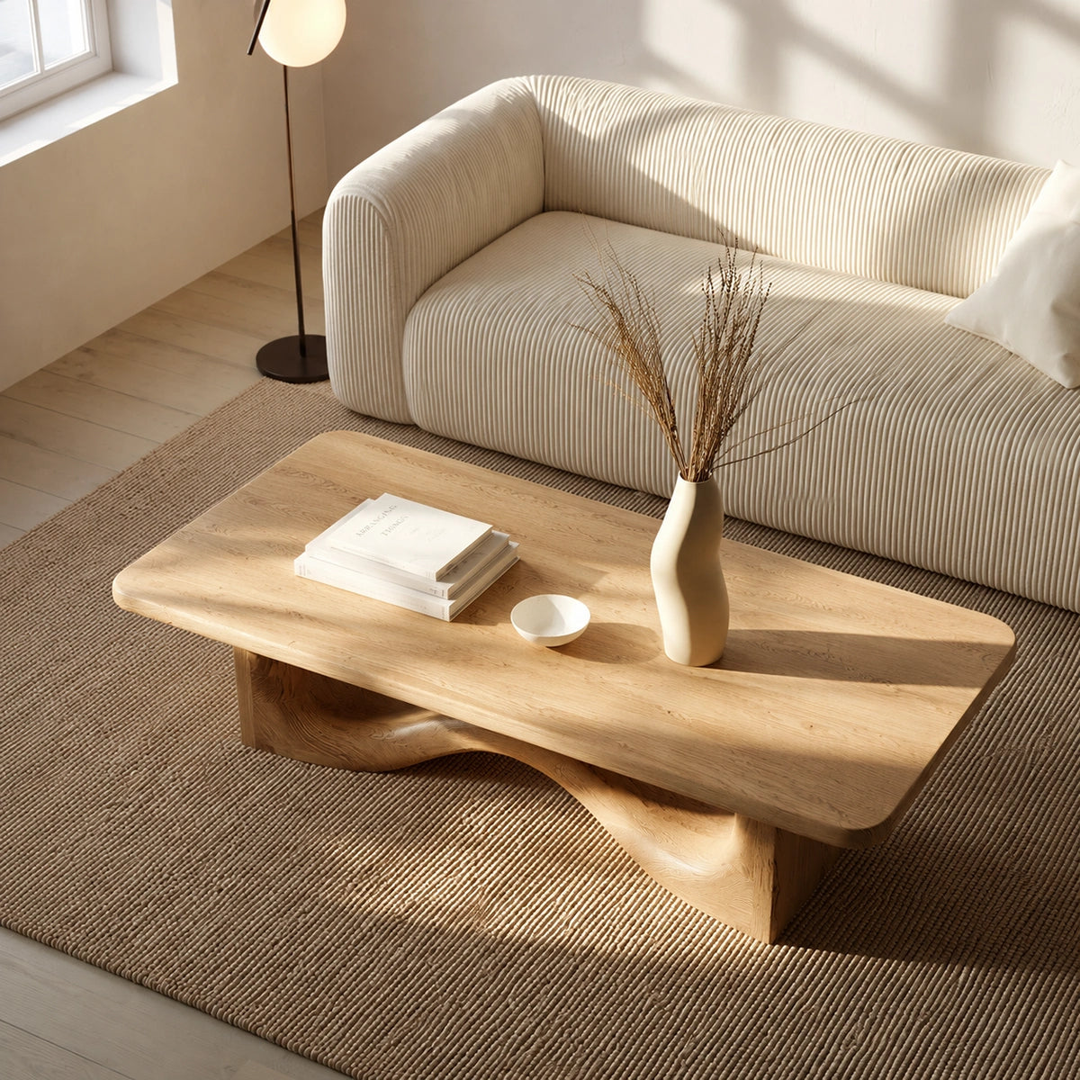 Modern Solid Oak Wood Coffee Table | Sculptural Wave Base Minimalist Living Room Table