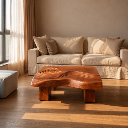Handcrafted Solid Walnut Coffee Table | Sculpted Wood Grain Modern Square Coffee Table