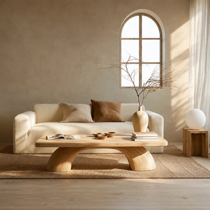 Modern Solid Oak Coffee Table | Sculptural Pedestal Base Minimalist Living Room Table