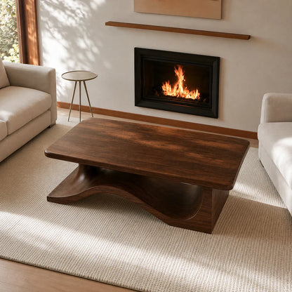 Modern Solid Walnut Coffee Table | Sculptural Wave Base Minimalist Living Room Table