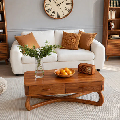 Mid-Century Modern Solid Wood Coffee Table with 2 Drawers | Walnut Living Room Center Table