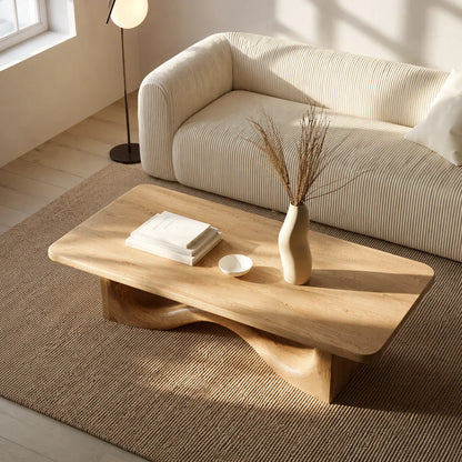 Modern Solid Oak Wood Coffee Table | Sculptural Wave Base Minimalist Living Room Table