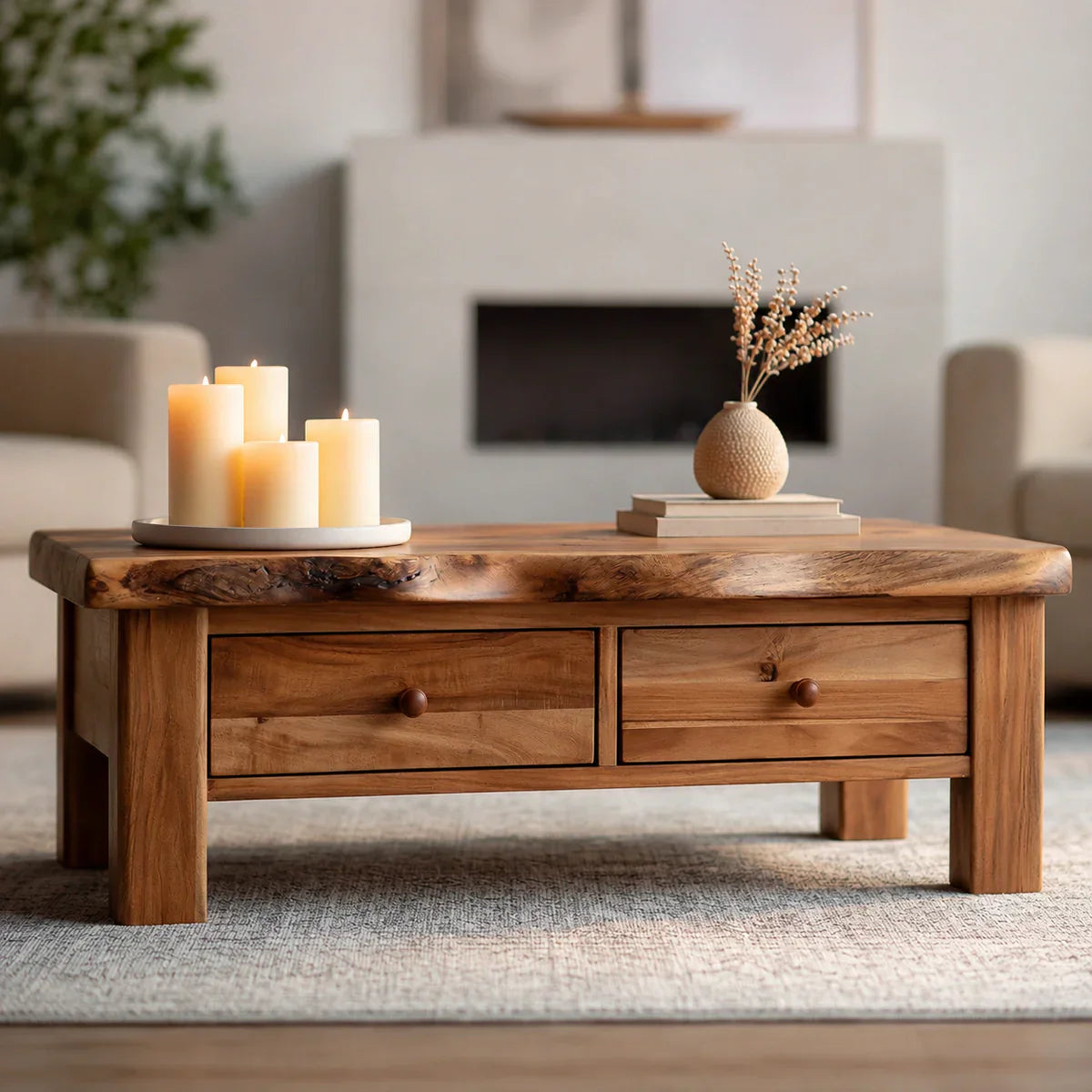 Modern Solid Wood Coffee Table with Storage Drawers | Rustic Farmhouse Center Table