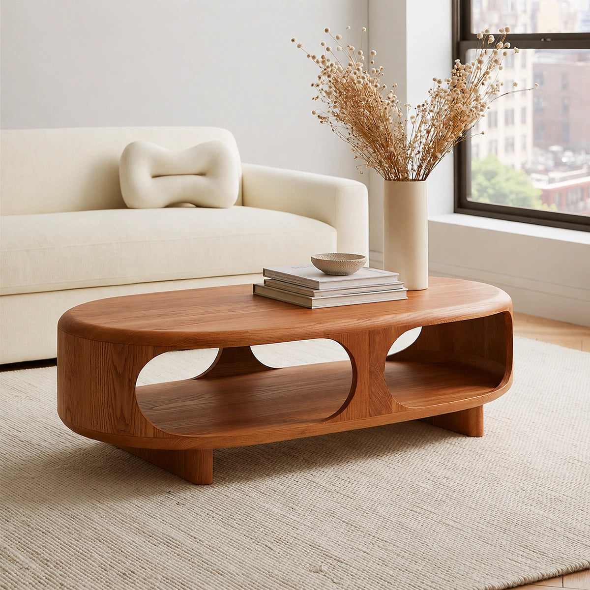 Modern Solid Walnut Wood Coffee Table with Open Storage Shelf | Minimalist Oval Living Room Center Table
