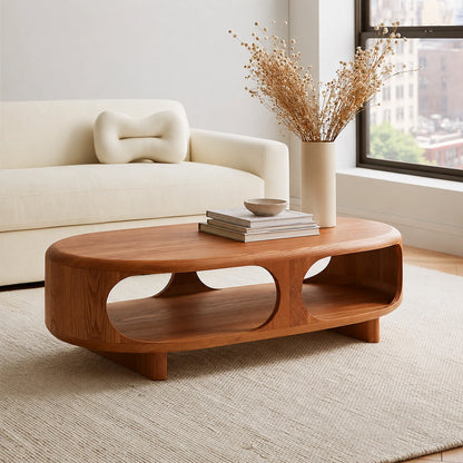 Modern Solid Walnut Wood Coffee Table with Open Storage Shelf | Minimalist Oval Living Room Center Table
