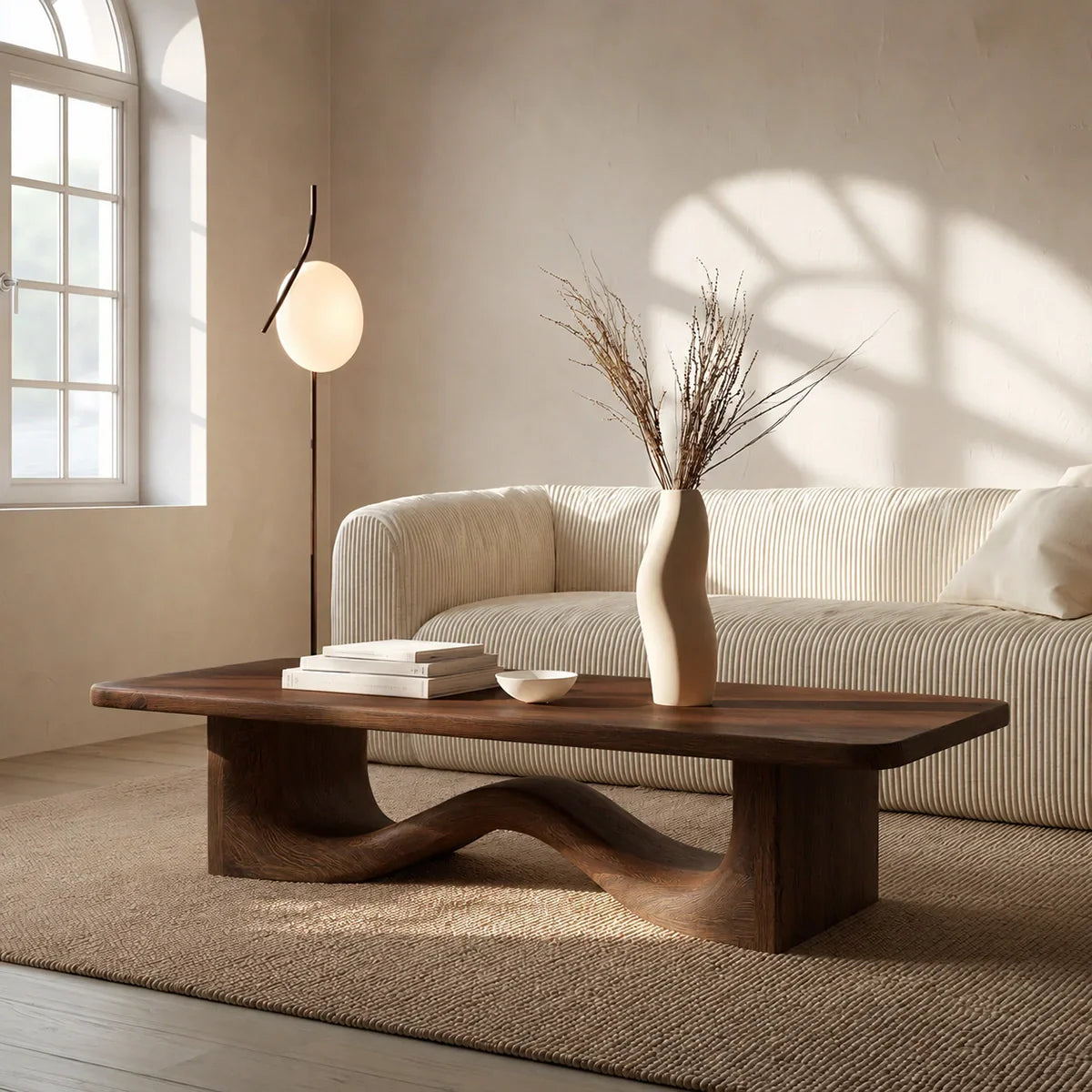 Modern Solid Oak Wood Coffee Table | Sculptural Wave Base Minimalist Living Room Table