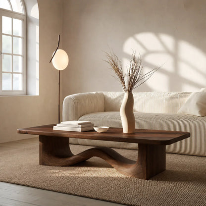 Modern Solid Oak Wood Coffee Table | Sculptural Wave Base Minimalist Living Room Table