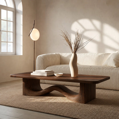 Modern Solid Oak Wood Coffee Table | Sculptural Wave Base Minimalist Living Room Table
