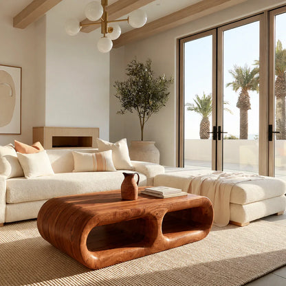 Modern Solid Walnut Coffee Table with Open Storage | Curved Minimalist Living Room Table
