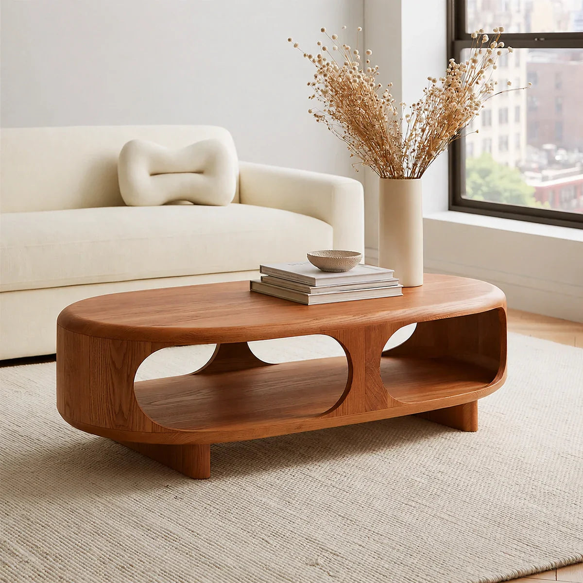 Modern Solid Walnut Wood Coffee Table with Open Storage Shelf | Minimalist Oval Living Room Center Table