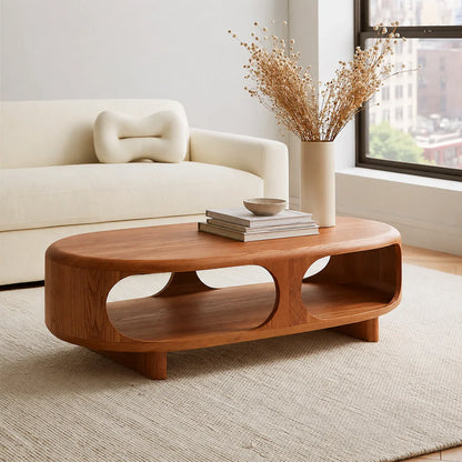 Modern Solid Walnut Wood Coffee Table with Open Storage Shelf | Minimalist Oval Living Room Center Table