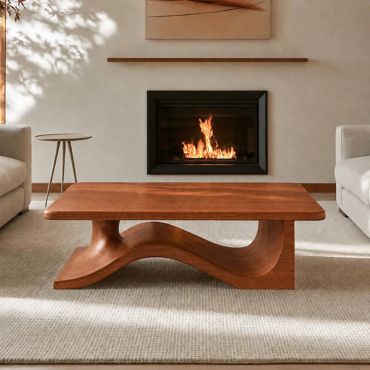 Modern Solid Walnut Coffee Table | Sculptural Wave Base Minimalist Living Room Table