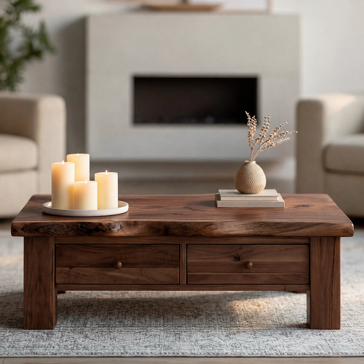 Modern Solid Wood Coffee Table with Storage Drawers | Rustic Farmhouse Center Table