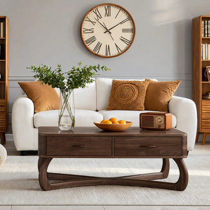 Mid-Century Modern Solid Wood Coffee Table with 2 Drawers | Walnut Living Room Center Table