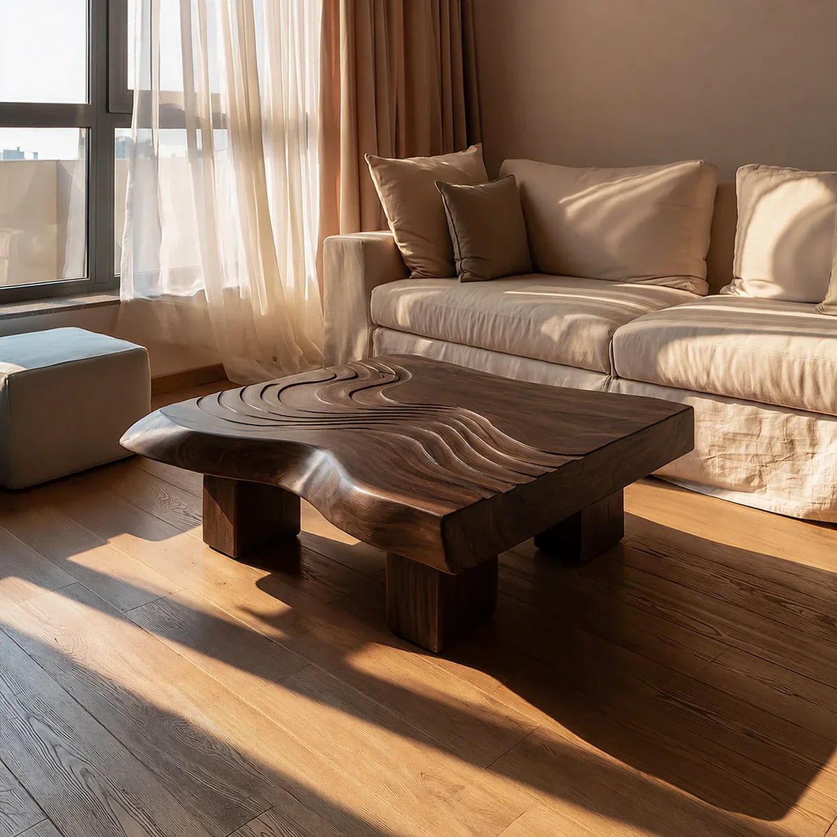Handcrafted Solid Walnut Coffee Table | Sculpted Wood Grain Modern Square Coffee Table