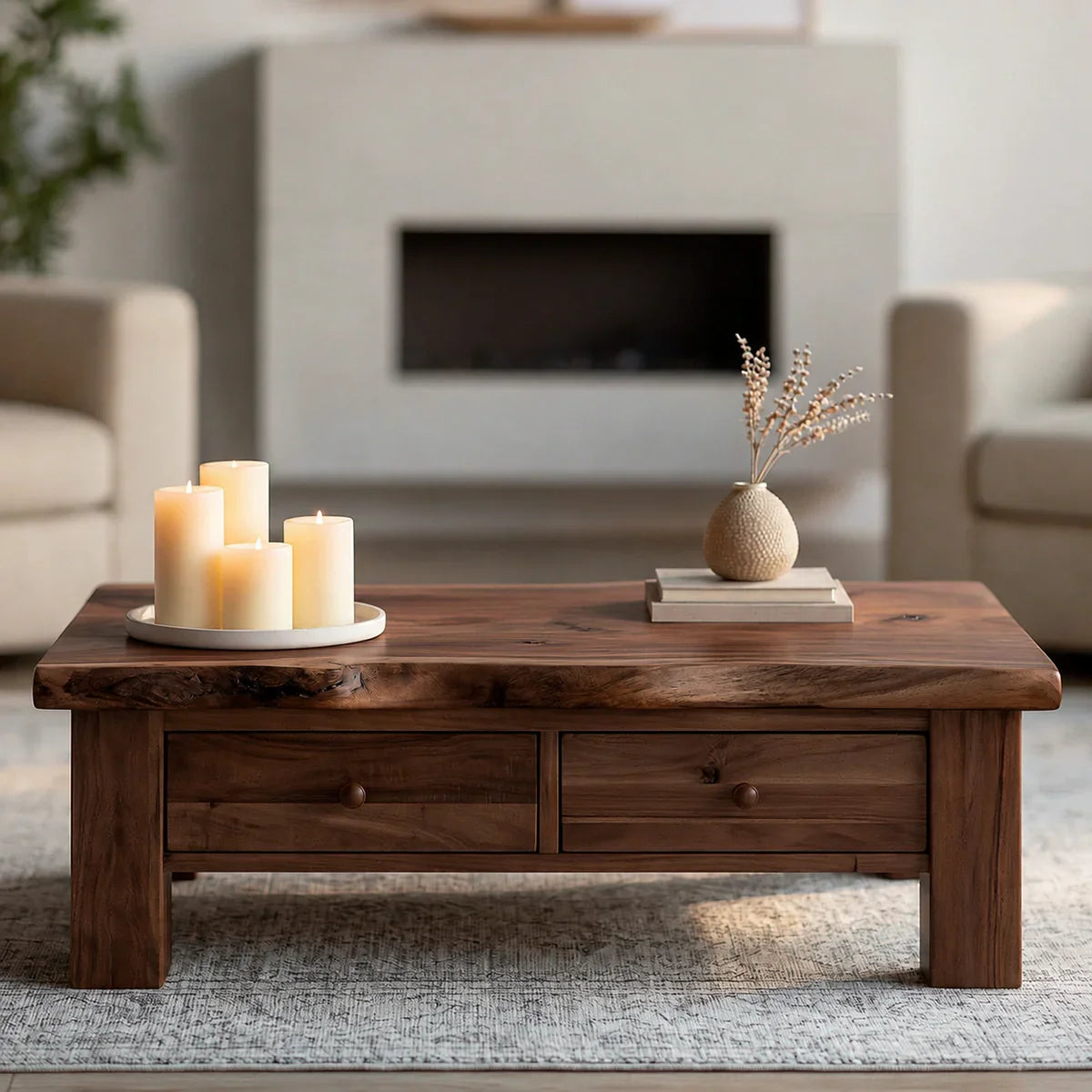 Modern Solid Wood Coffee Table with Storage Drawers | Rustic Farmhouse Center Table