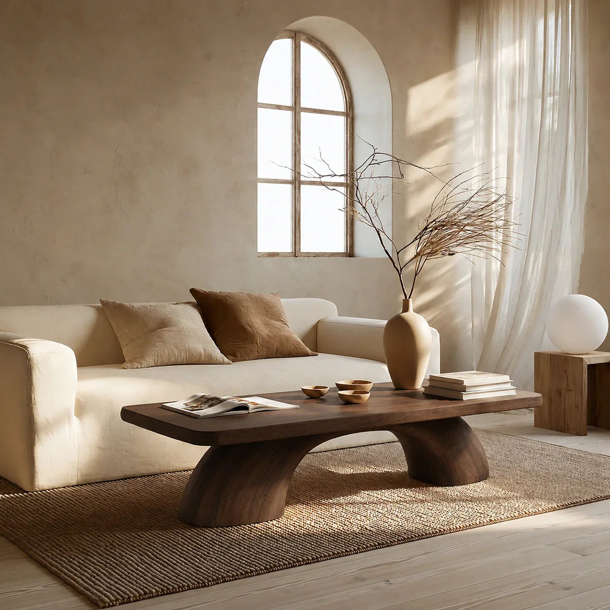 Modern Solid Oak Coffee Table | Sculptural Pedestal Base Minimalist Living Room Table