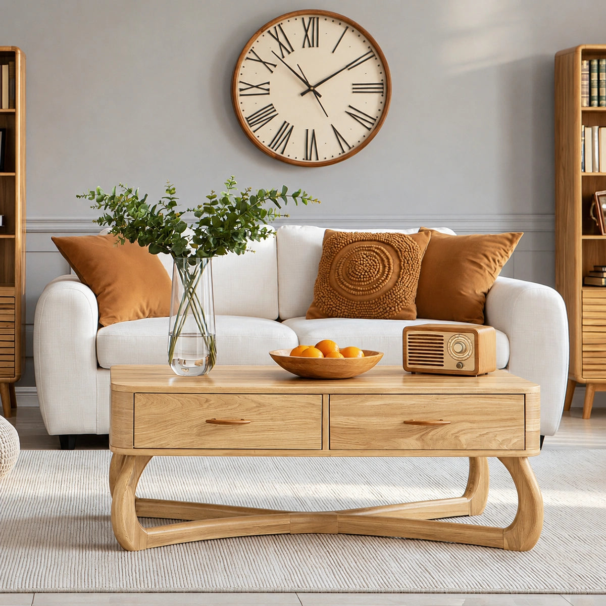 Mid-Century Modern Solid Wood Coffee Table with 2 Drawers | Walnut Living Room Center Table